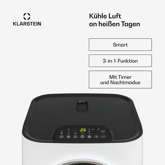 Klarstein Kraftwerk Smart 12K Mobiles Klimagerät – 12000 BTU, 35-59 m², App & Alexa Steuerung, 3-in-1 Kühlung, Entfeuchter & Ventilator, Leise, Timer, Ablaufschlauch Inkl., Weiß