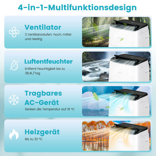 COSTWAY mobile Klimaanlage mit Abluftschlauch 14000 BTU, für Raum bis 135 m³, 5 in 1 Klimagerät zum Kühlen & Heizen & Entfeuchten & Ventilieren & Schlafmodus, APP/Fernsteuern, Automatisches Abtauen