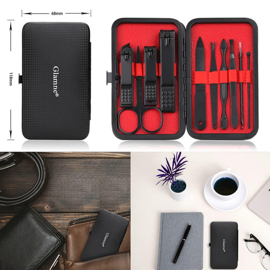 Glamne Maniküre-Set Nagelknipser-Kit Professionelle Edelstahl-Nagelpflege-Werkzeuge mit Ledertasche für unterwegs 10 in 1 Schwarz