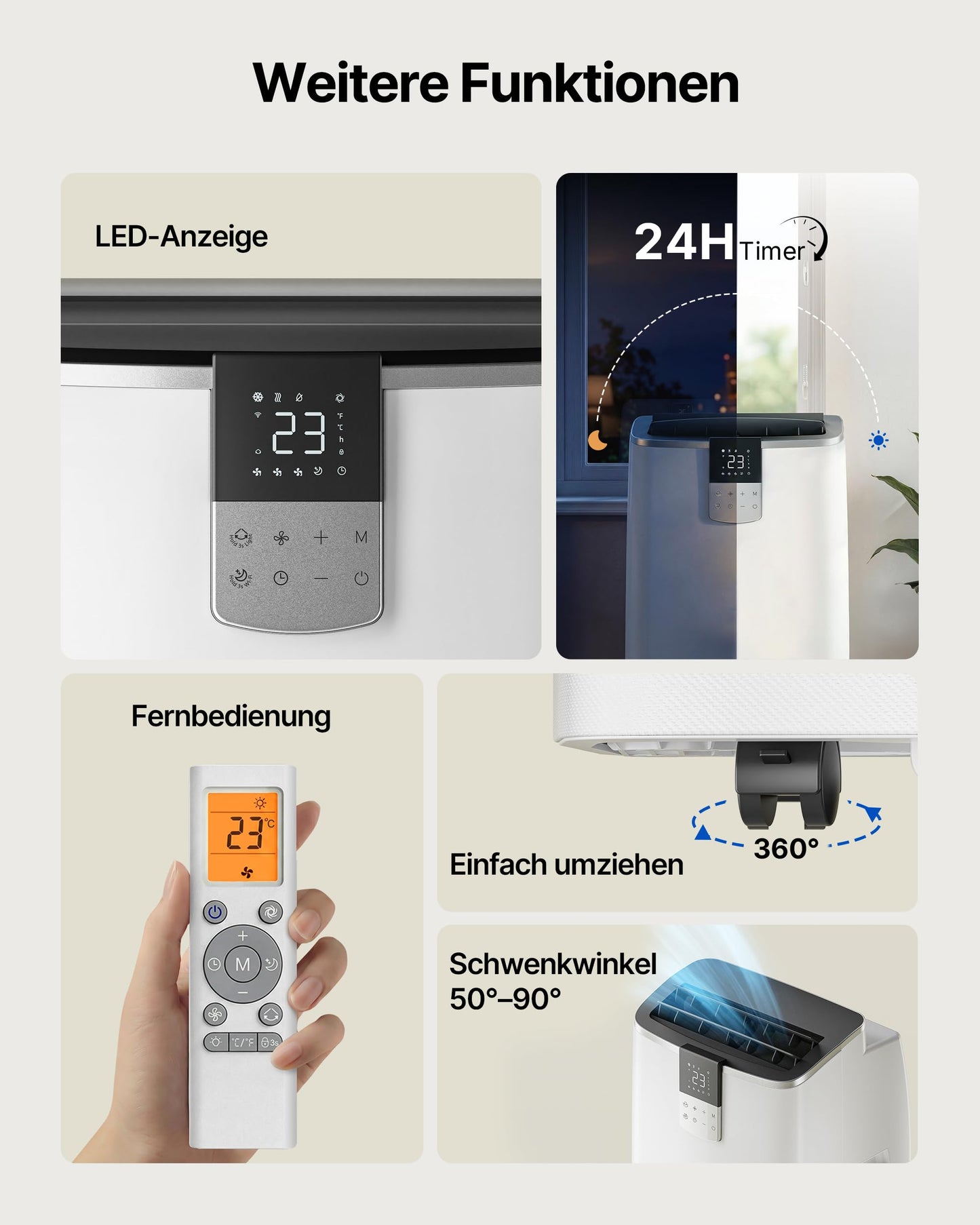Temprium Mobile Klimaanlage 14000BTU mit Abluftschlauch | 4-in-1 Mobiles Klimagerät mit Fensterabdichtung | APP-Steuerung + Fernbedienung | Leiser Betrieb | 24h-Timer
