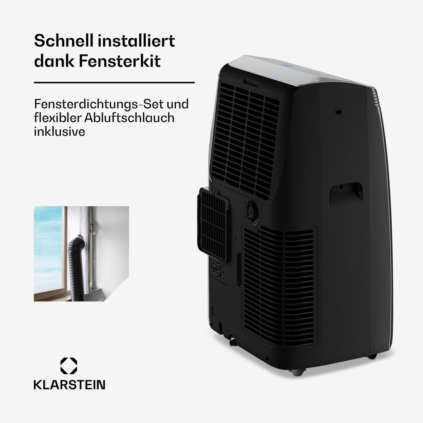 Klarstein Grandbreeze mobile Klimaanlage, 14.000 BTU, für bis zu 65 m², 3-in-1: Kühlen, Entfeuchten & Ventilieren, Effizienzklasse A, App- & Sprachsteuerung, inkl. Abluftschlauch & Fensterkit, Schwarz