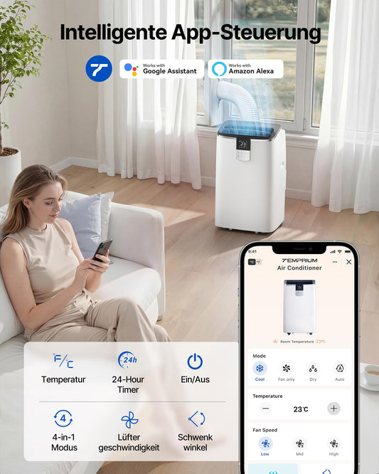 Temprium Mobile Klimaanlage 14000BTU mit Abluftschlauch | 4-in-1 Mobiles Klimagerät mit Fensterabdichtung | APP-Steuerung + Fernbedienung | Leiser Betrieb | 24h-Timer