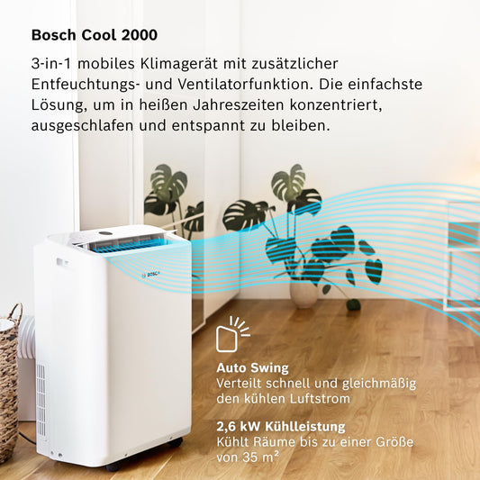 Bosch Cool 2000 Mobiles Klimagerät - 3-in-1 Klimaanlage, Luftentfeuchter, Ventilator - 2,6 kW für Räume bis zu 35m² - Mit Auto-Modus, Silent-Modus Sleep-Modus