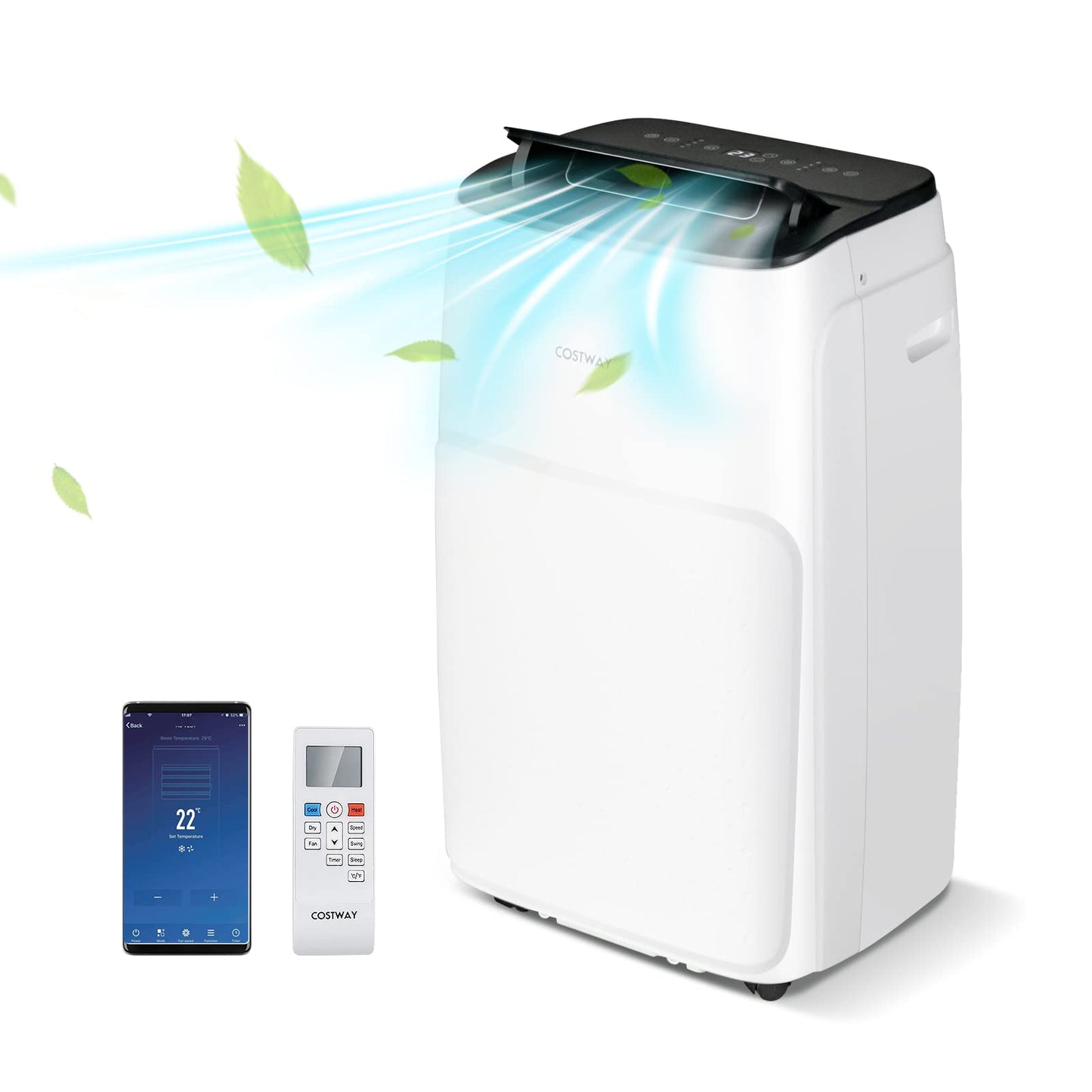 COSTWAY mobile Klimaanlage mit Abluftschlauch 14000 BTU, für Raum bis 135 m³, 5 in 1 Klimagerät zum Kühlen & Heizen & Entfeuchten & Ventilieren & Schlafmodus, APP/Fernsteuern, Automatisches Abtauen