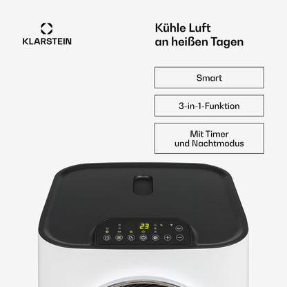 Klarstein Kraftwerk Smart 12K Mobiles Klimagerät – 12000 BTU, 35-59 m², App & Alexa Steuerung, 3-in-1 Kühlung, Entfeuchter & Ventilator, Leise, Timer, Ablaufschlauch Inkl., Weiß
