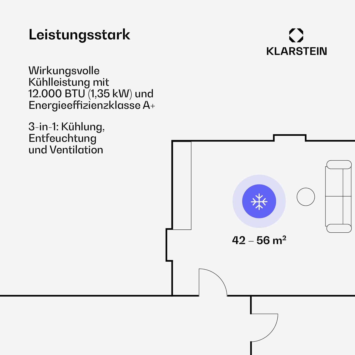 Klarstein Mobile Klimaanlage mit Abluftschlauch, 3-in-1 Klimagerät mit Ventilator, Luftentfeuchter & Nachtmodus, Kleine & Portable Klimaanlage für Wohnung & Büro, Niedriger Verbrauch, 12000 BTU