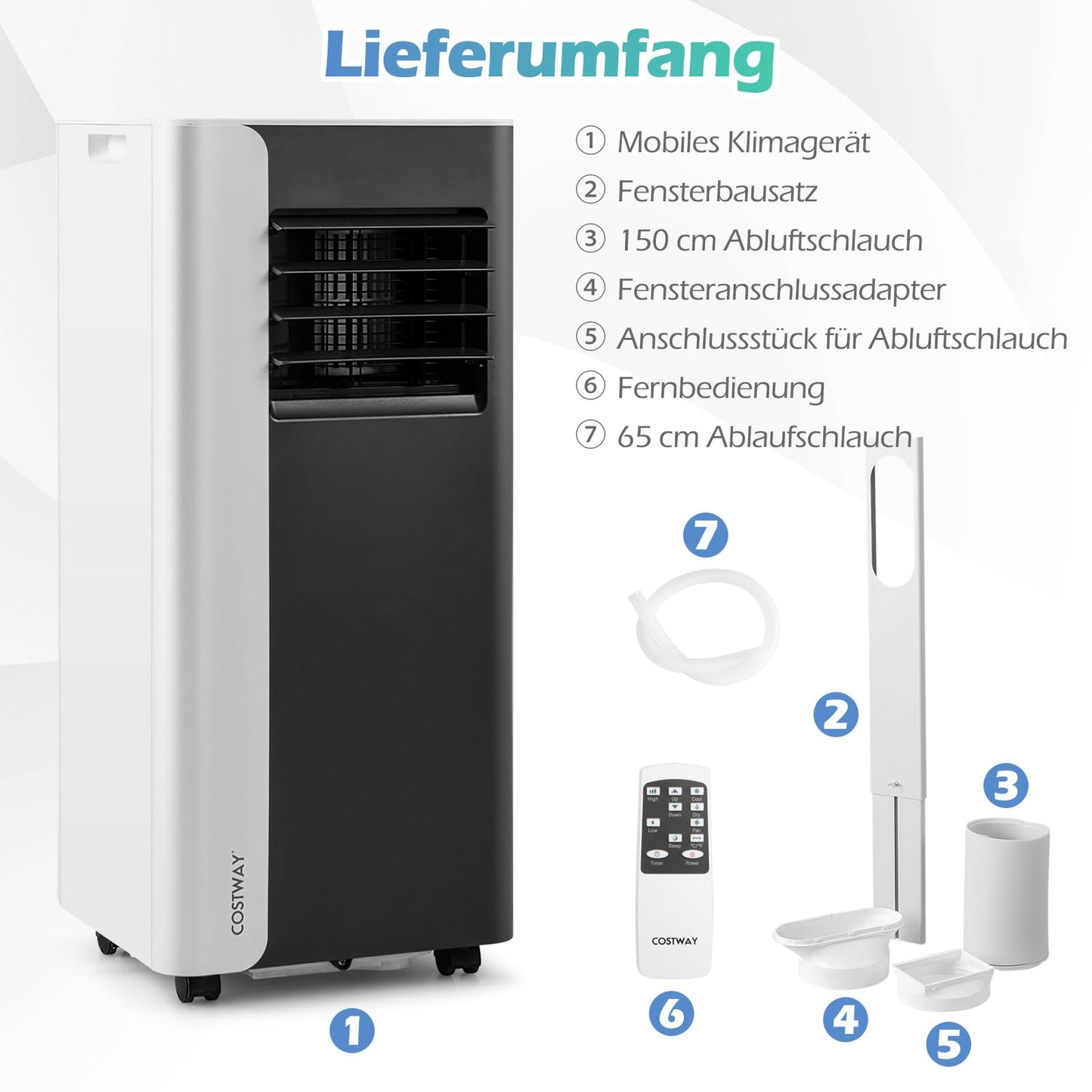 COSTWAY 7000BTU mobile Klimaanlage, 3-in-1 Kühlgerät mit Ventilator & Luftentfeuchter für Räume bis zu 28㎡, Klimagerät mit Abluftschlauch, Schlafmodus, 24H Timer, Fernbedienung