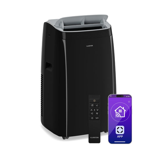 Klarstein Grandbreeze mobile Klimaanlage, 14.000 BTU, für bis zu 65 m², 3-in-1: Kühlen, Entfeuchten & Ventilieren, Effizienzklasse A, App- & Sprachsteuerung, inkl. Abluftschlauch & Fensterkit, Schwarz