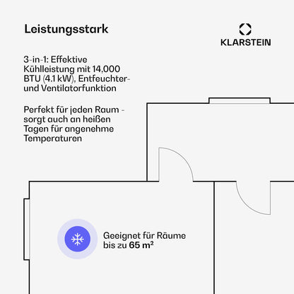 Klarstein Grandbreeze mobile Klimaanlage, 14.000 BTU, für bis zu 65 m², 3-in-1: Kühlen, Entfeuchten & Ventilieren, Effizienzklasse A, App- & Sprachsteuerung, inkl. Abluftschlauch & Fensterkit, Schwarz