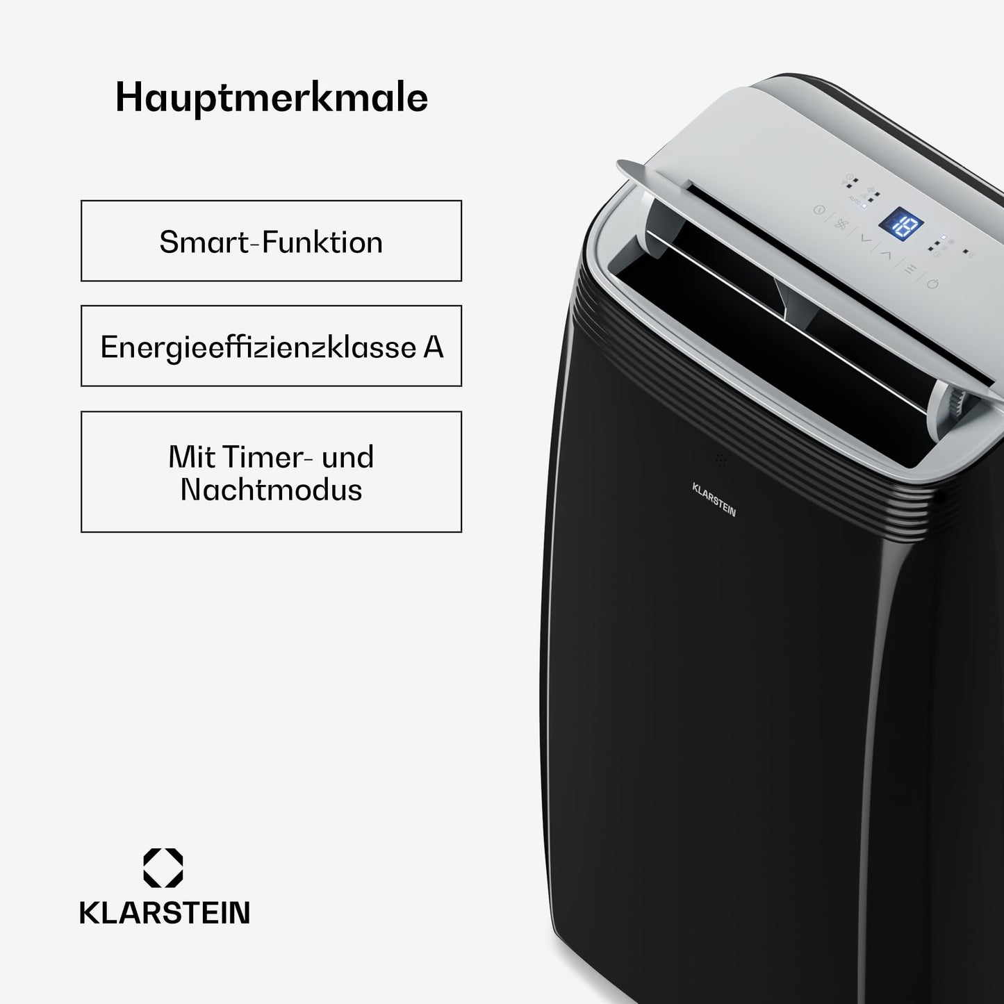 Klarstein Grandbreeze mobile Klimaanlage, 14.000 BTU, für bis zu 65 m², 3-in-1: Kühlen, Entfeuchten & Ventilieren, Effizienzklasse A, App- & Sprachsteuerung, inkl. Abluftschlauch & Fensterkit, Schwarz