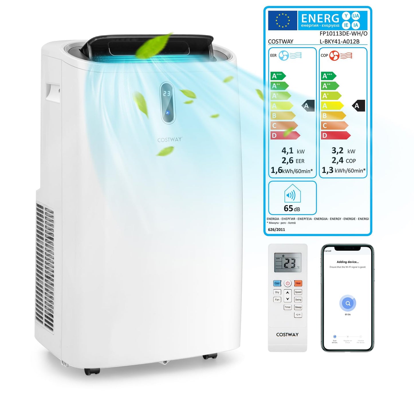 COSTWAY Klimaanlage mobil 14000BTU, Klimagerät mit Abluftschlauch, 5 in 1 Kühlen & Heizen & Entfeuchten & Belüften & Schlafmodus für Räume bis zu 135 m³, Fernbedienung/App, 24H Timer, 4100W, ≤57dB