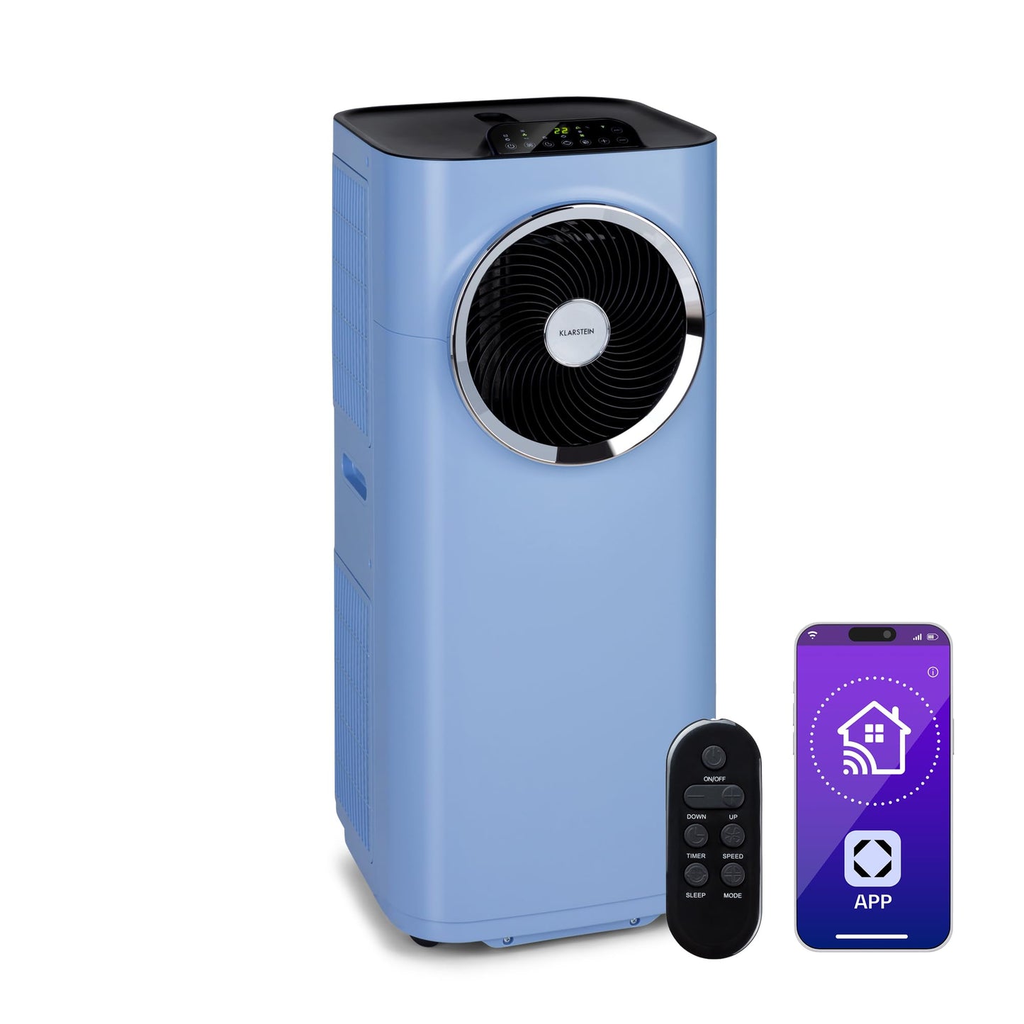 Klarstein Kraftwerk Smart 12K Mobiles Klimagerät – 12000 BTU, 35-59 m², App & Alexa Steuerung, 3-in-1 Kühlung, Entfeuchter & Ventilator, Leise, Timer, Ablaufschlauch Inkl., Medium Blue