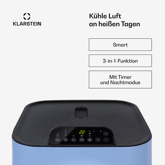 Klarstein Kraftwerk Smart 12K Mobiles Klimagerät – 12000 BTU, 35-59 m², App & Alexa Steuerung, 3-in-1 Kühlung, Entfeuchter & Ventilator, Leise, Timer, Ablaufschlauch Inkl., Medium Blue