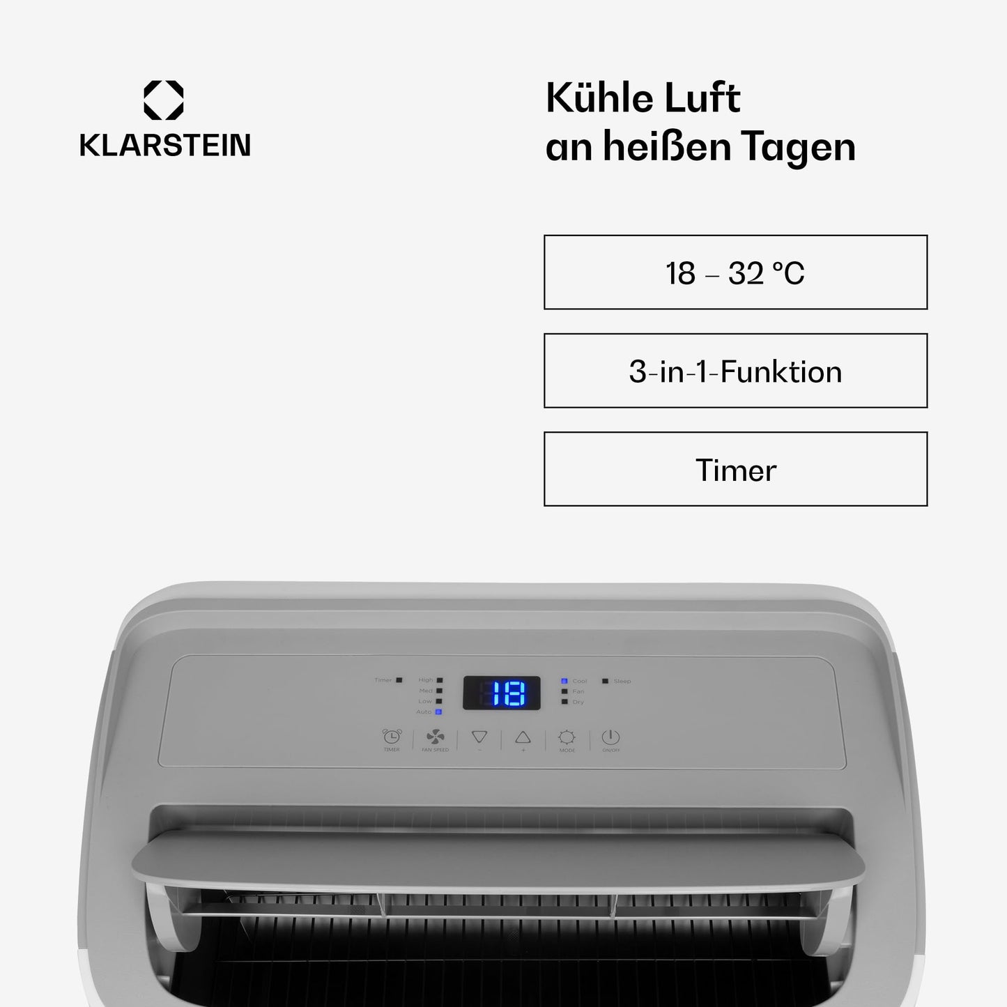 Klarstein Mobile Klimaanlage mit Abluftschlauch, 3-in-1 Klimagerät mit Ventilator, Luftentfeuchter & Nachtmodus, Kleine & Portable Klimaanlage für Wohnung & Büro, Niedriger Verbrauch, 12000 BTU