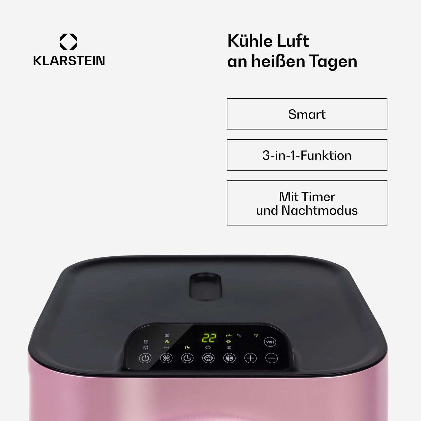 Klarstein Kraftwerk Smart 12K Mobiles Klimagerät – 12000 BTU, 35-59 m², App & Alexa Steuerung, 3-in-1 Kühlung, Entfeuchter & Ventilator, 50 dB, Timer, WiFi, Abluftrohr Inkl., Metallisch Rosegold