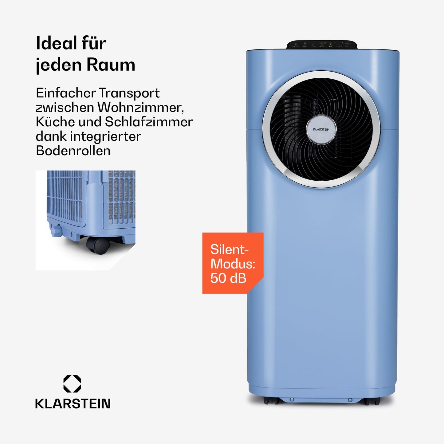 Klarstein Kraftwerk Smart 12K Mobiles Klimagerät – 12000 BTU, 35-59 m², App & Alexa Steuerung, 3-in-1 Kühlung, Entfeuchter & Ventilator, Leise, Timer, Ablaufschlauch Inkl., Medium Blue
