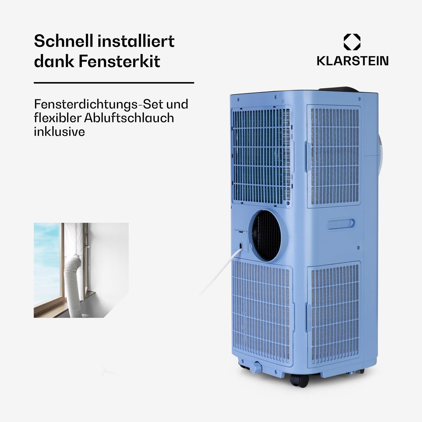 Klarstein Kraftwerk Smart 12K Mobiles Klimagerät – 12000 BTU, 35-59 m², App & Alexa Steuerung, 3-in-1 Kühlung, Entfeuchter & Ventilator, Leise, Timer, Ablaufschlauch Inkl., Medium Blue