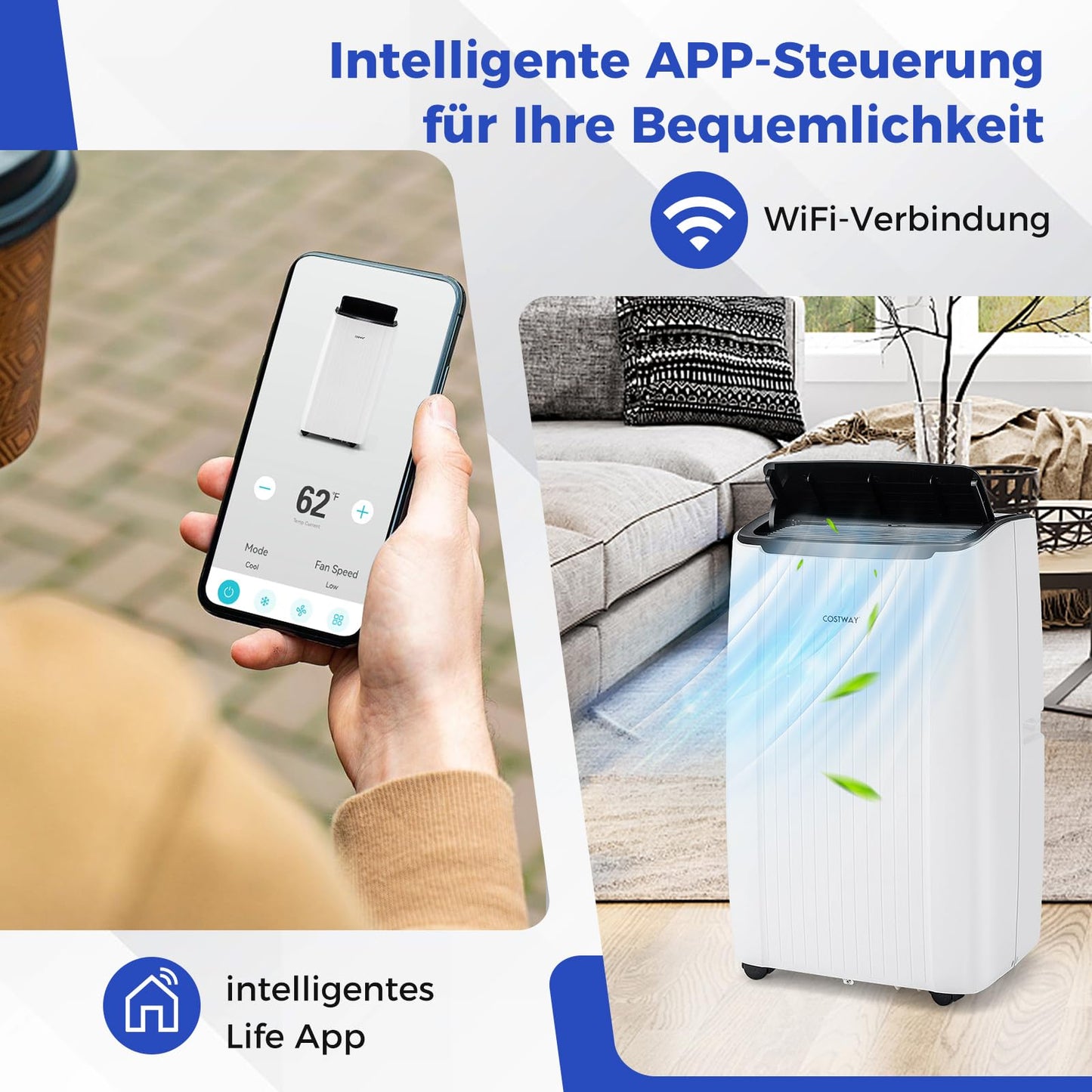 COSTWAY 14000 BTU mobile Klimaanlage mit Abluftschlauch, 4-in-1 Klimagerät mit Heizung, Lüfter & Entfeuchter, 24H Timer, Schlafmodus, Fernbedienung & Installationskit für Räume bis zu 65㎡ (Modell 2)
