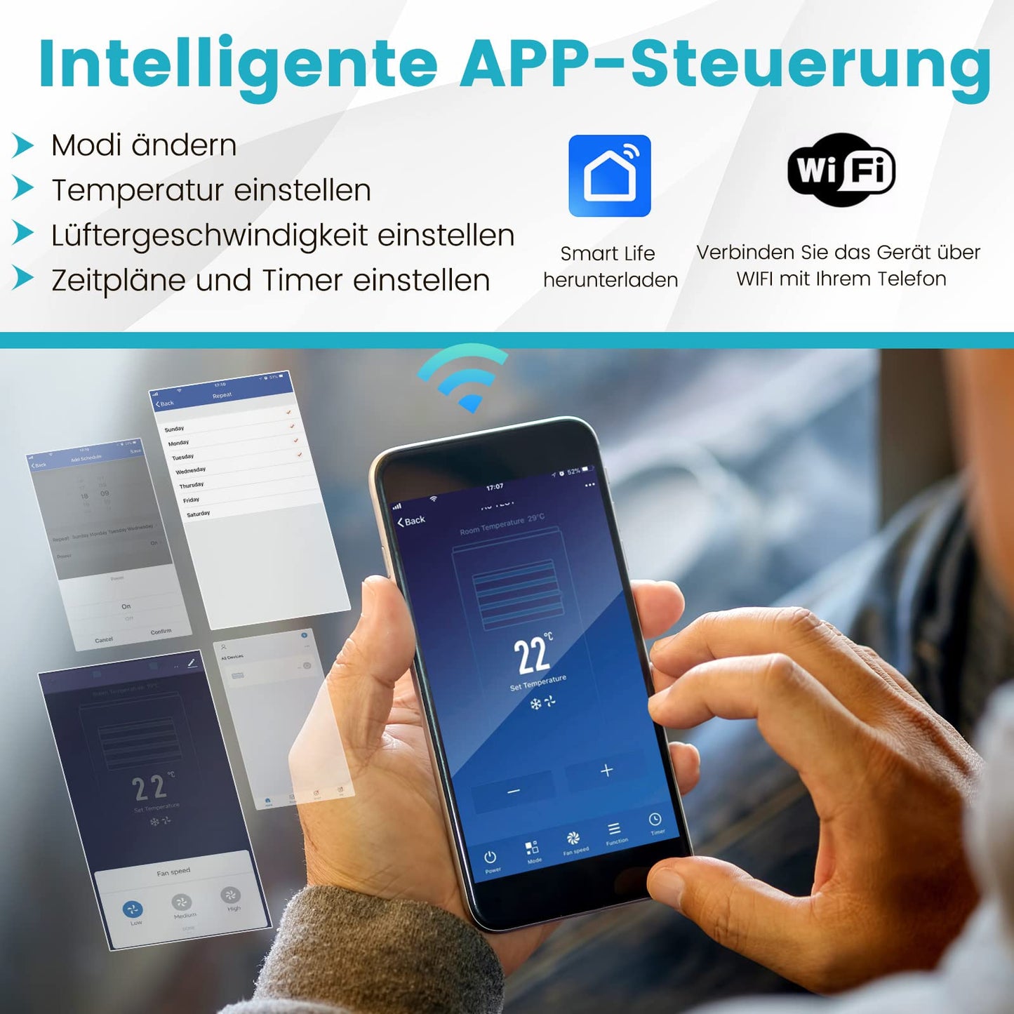 COSTWAY mobile Klimaanlage mit Abluftschlauch 14000 BTU, für Raum bis 135 m³, 5 in 1 Klimagerät zum Kühlen & Heizen & Entfeuchten & Ventilieren & Schlafmodus, APP/Fernsteuern, Automatisches Abtauen