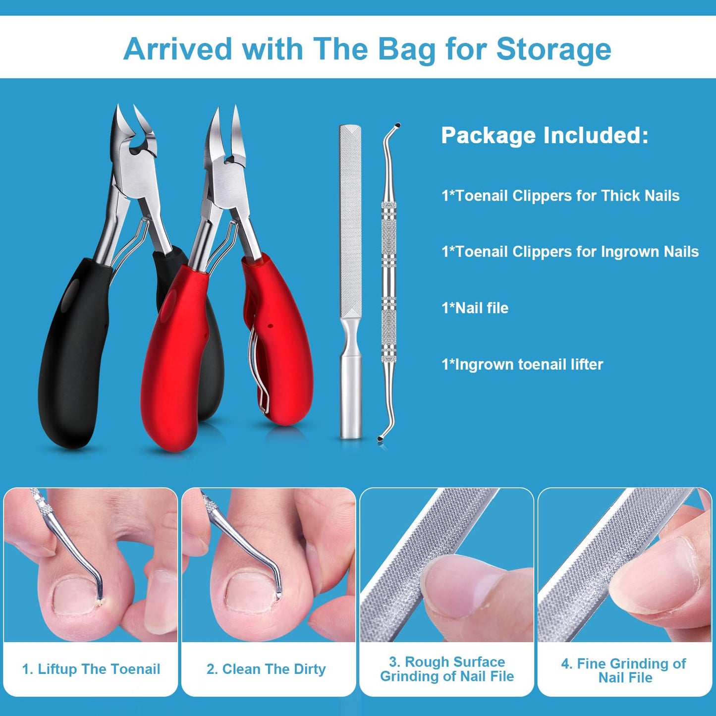 Orelex Nagelschere für dicke und tief eingewachsene Zehennägel, Toehensäure -Clippers aus Edelstahl, 4 Stücke professioneller Fingernagel Clipper, Soft Griff (Black+Red)