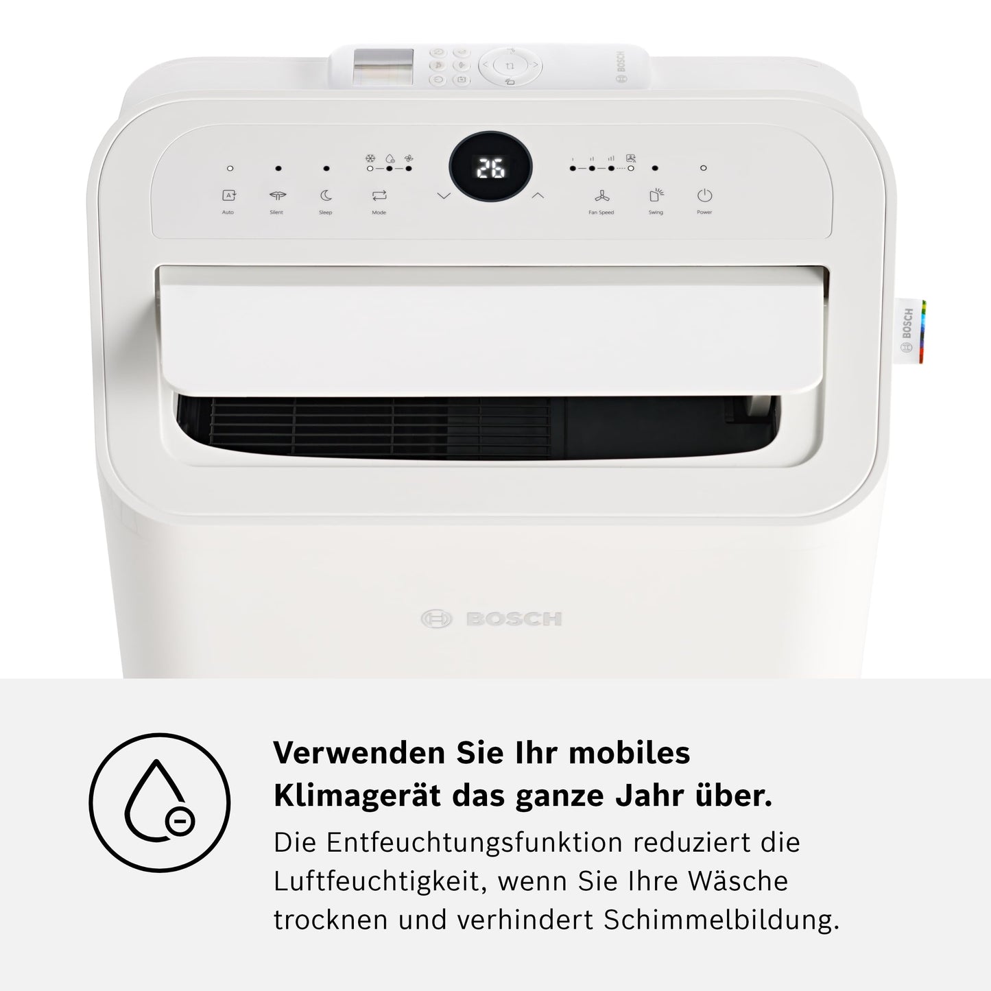 Bosch Cool 2000 Mobiles Klimagerät - 3-in-1 Klimaanlage, Luftentfeuchter, Ventilator - 2,6 kW für Räume bis zu 35m² - Mit Auto-Modus, Silent-Modus Sleep-Modus