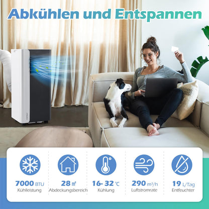 COSTWAY 7000BTU mobile Klimaanlage, 3-in-1 Kühlgerät mit Ventilator & Luftentfeuchter für Räume bis zu 28㎡, Klimagerät mit Abluftschlauch, Schlafmodus, 24H Timer, Fernbedienung