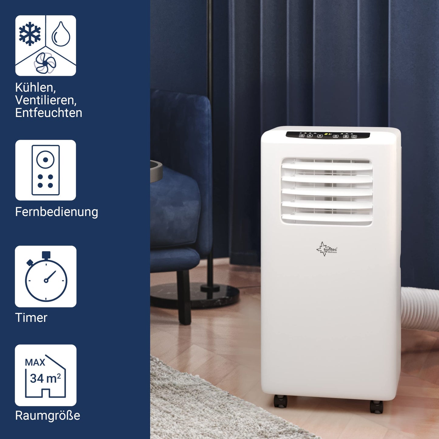 SUNTEC Mobiles Klimagerät Impuls 2.6 Eco R290 – Klimaanlage mobil und leise mit Abluftschlauch – Kühler & Entfeuchter für Räume bis 34 qm – Mobile Kühlung für Wohnung & Büro – 9.000 BTU | 2600 Watt