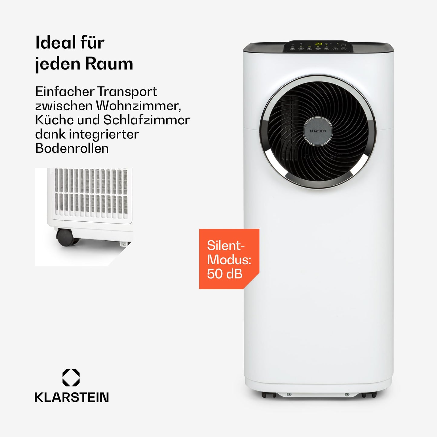 Klarstein Kraftwerk Smart 12K Mobiles Klimagerät – 12000 BTU, 35-59 m², App & Alexa Steuerung, 3-in-1 Kühlung, Entfeuchter & Ventilator, Leise, Timer, Ablaufschlauch Inkl., Weiß