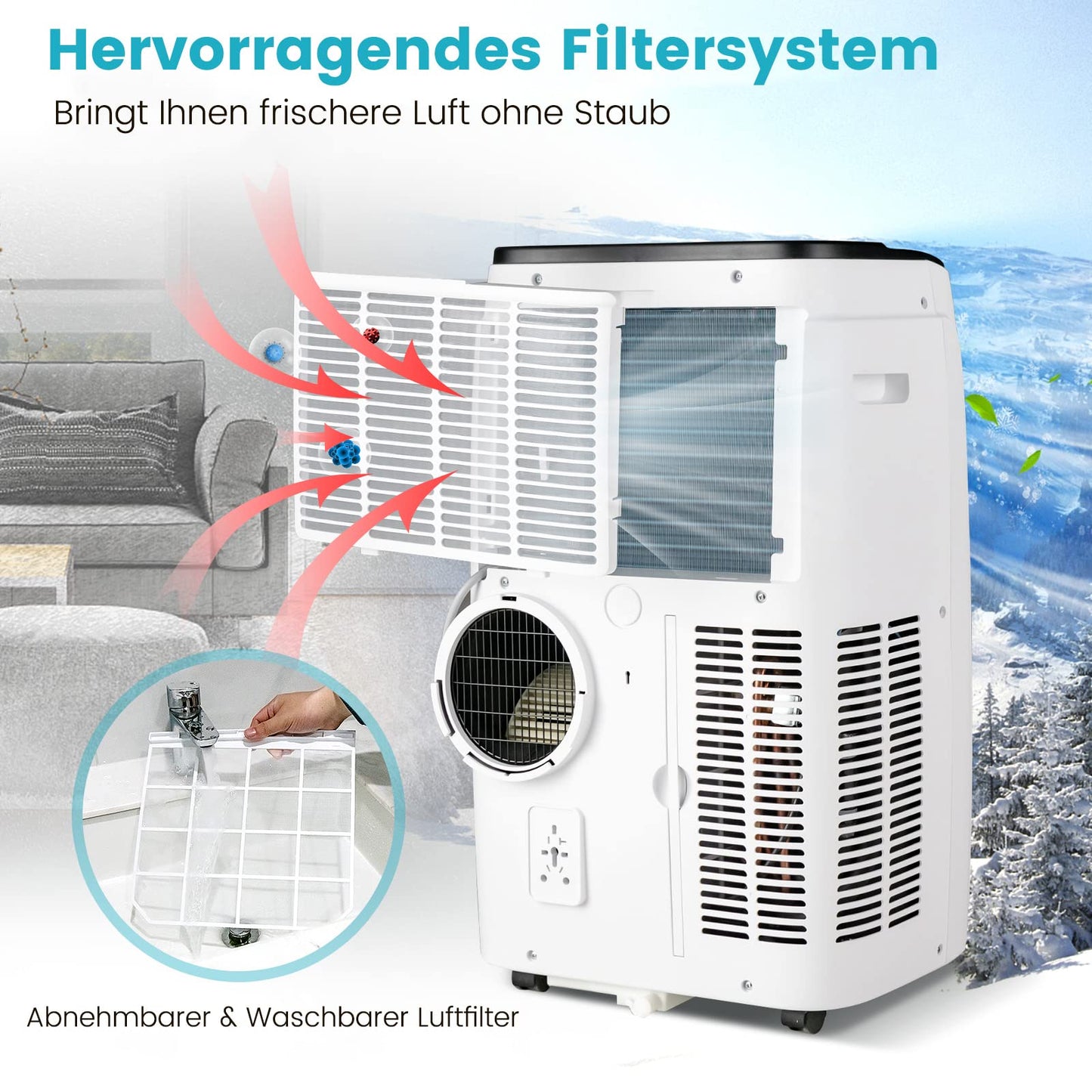 COSTWAY mobile Klimaanlage mit Abluftschlauch 14000 BTU, für Raum bis 135 m³, 5 in 1 Klimagerät zum Kühlen & Heizen & Entfeuchten & Ventilieren & Schlafmodus, APP/Fernsteuern, Automatisches Abtauen