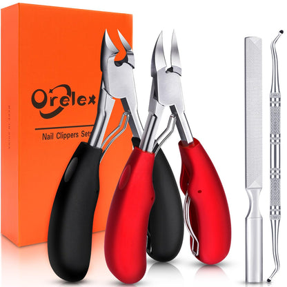 Orelex Nagelschere für dicke und tief eingewachsene Zehennägel, Toehensäure -Clippers aus Edelstahl, 4 Stücke professioneller Fingernagel Clipper, Soft Griff (Black+Red)