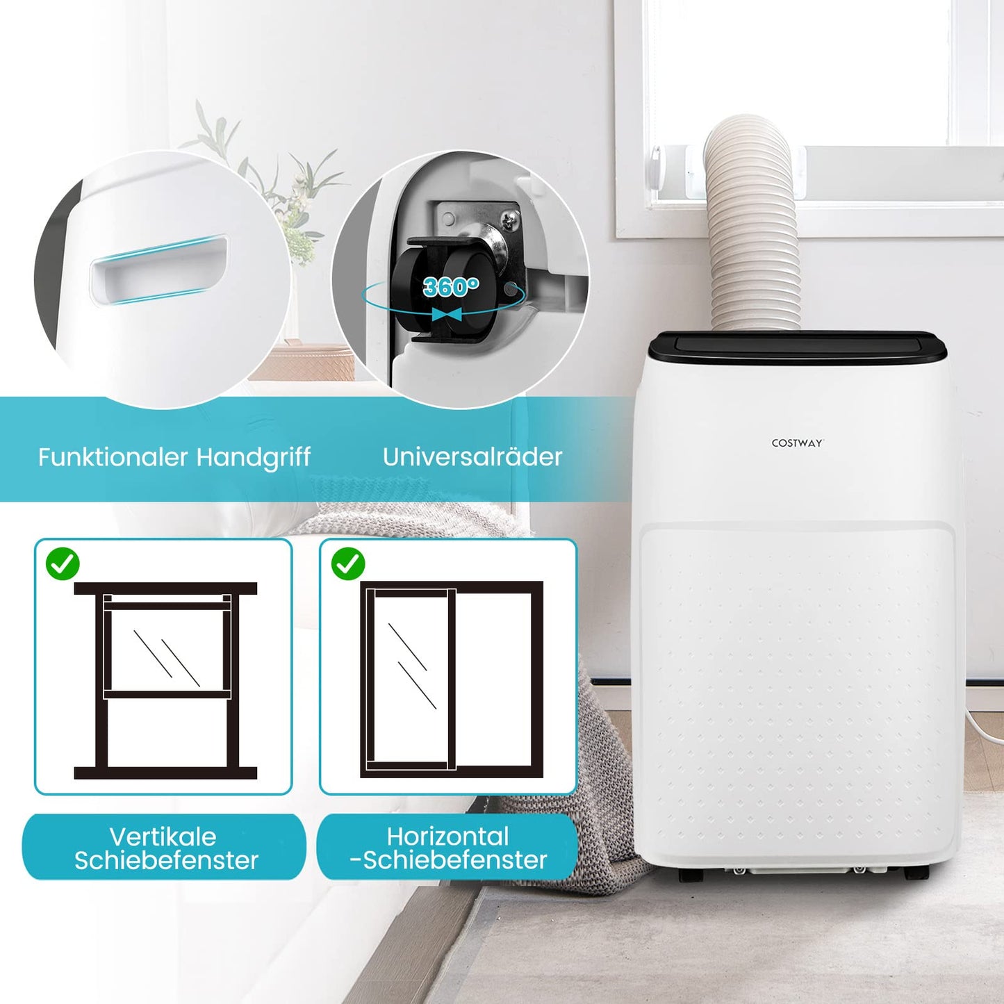 COSTWAY mobile Klimaanlage mit Abluftschlauch 14000 BTU, für Raum bis 135 m³, 5 in 1 Klimagerät zum Kühlen & Heizen & Entfeuchten & Ventilieren & Schlafmodus, APP/Fernsteuern, Automatisches Abtauen