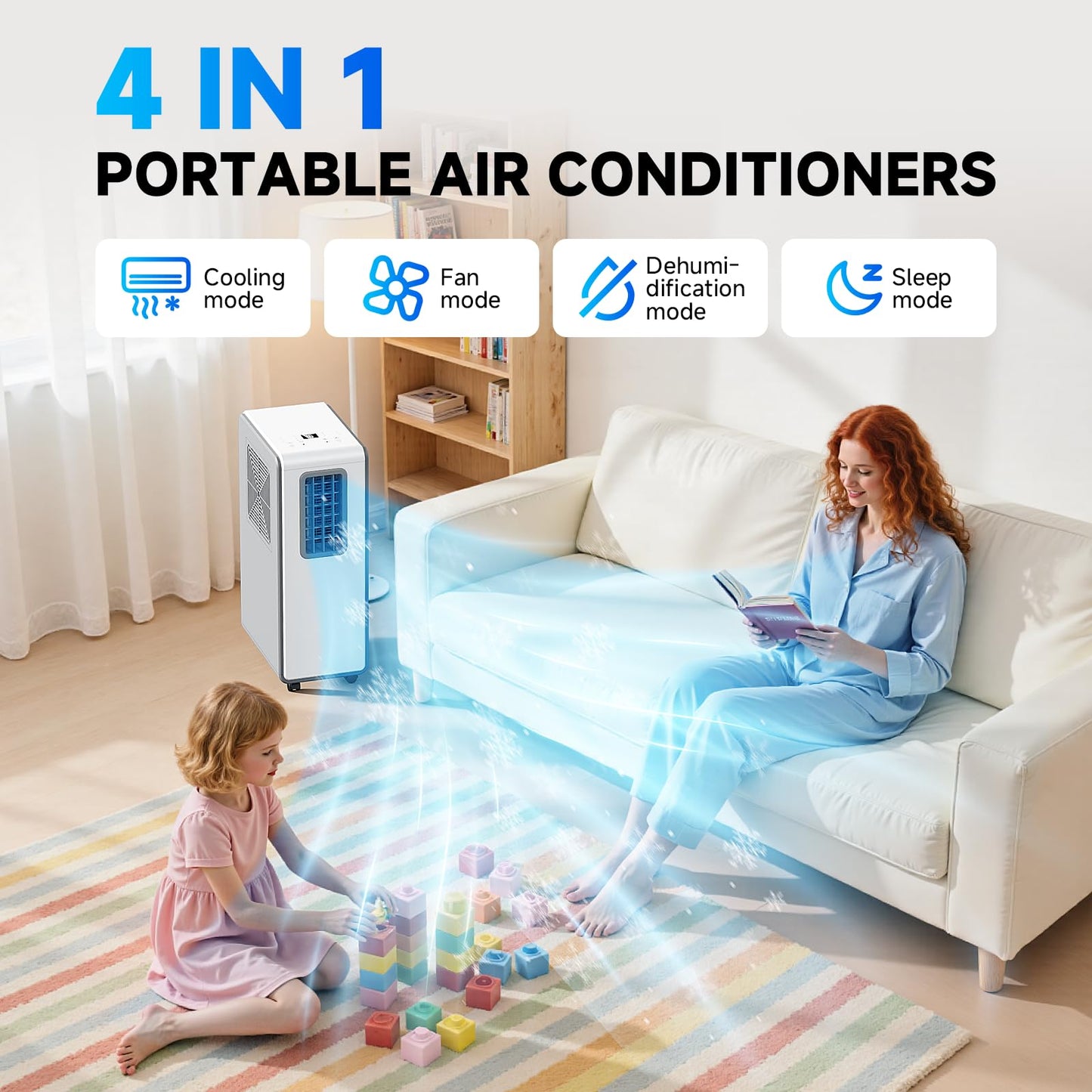 4-in-1 Mobile Klimaanlage& Luftkühler, 8000 BTU Klimageräte Luftentfeuchter Belüftung, 24 Timer leise Perfekt für Schlafzimmer und Büro Küche (Reinweiß)