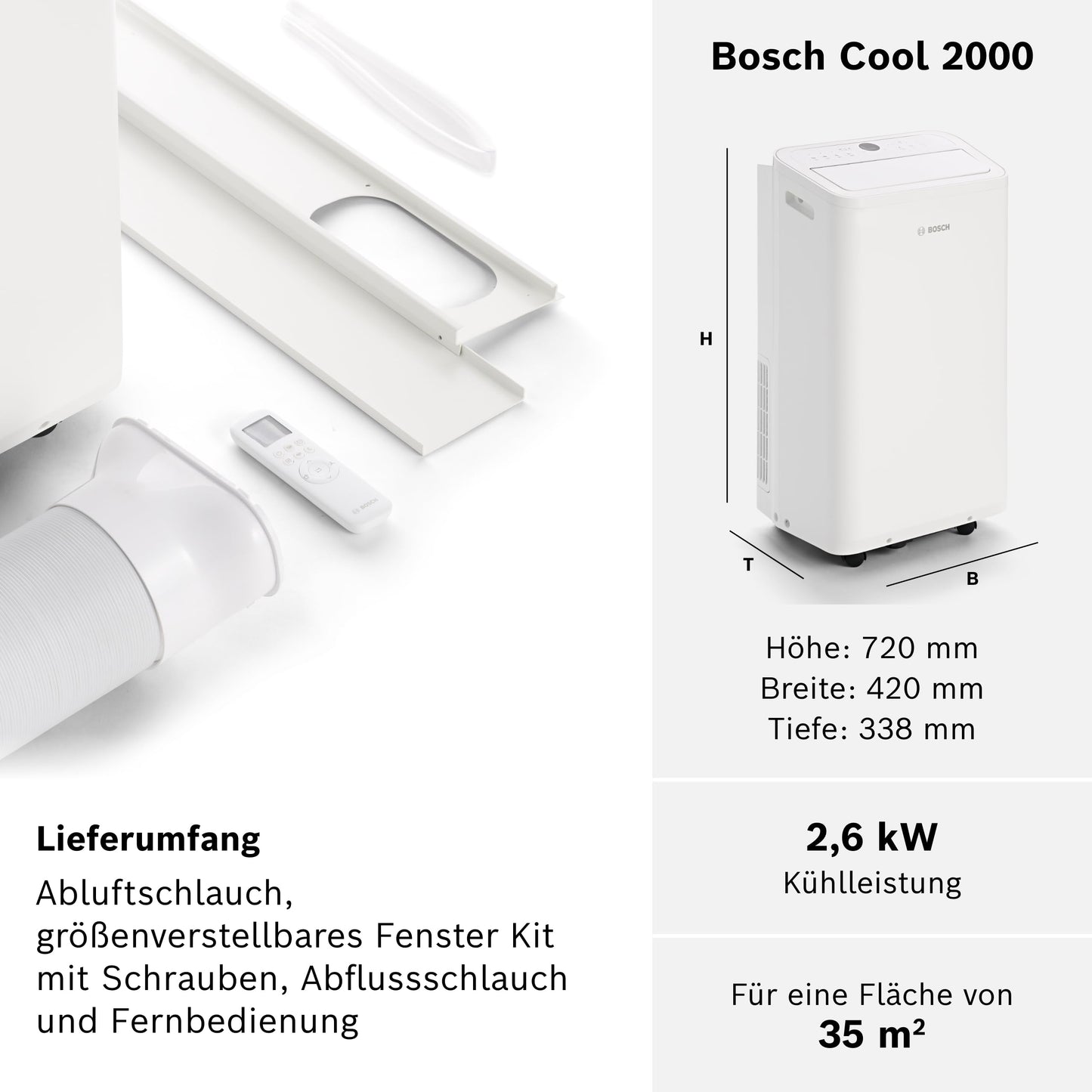 Bosch Cool 2000 Mobiles Klimagerät - 3-in-1 Klimaanlage, Luftentfeuchter, Ventilator - 2,6 kW für Räume bis zu 35m² - Mit Auto-Modus, Silent-Modus Sleep-Modus