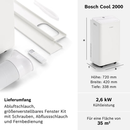 Bosch Cool 2000 Mobiles Klimagerät - 3-in-1 Klimaanlage, Luftentfeuchter, Ventilator - 2,6 kW für Räume bis zu 35m² - Mit Auto-Modus, Silent-Modus Sleep-Modus