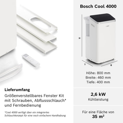 Bosch Cool 4000 Mobiles Klimagerät - 3-in-1 Klimaanlage, Luftentfeuchter, Ventilator - 2,6 kW für Räume bis zu 35m² - Mit Auto-Modus, Silent-Modus Sleep-Modus