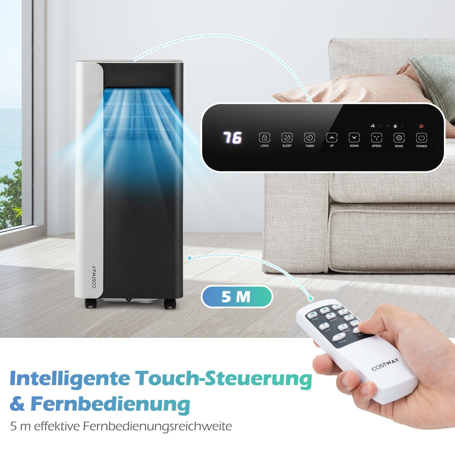 COSTWAY 7000BTU mobile Klimaanlage, 3-in-1 Kühlgerät mit Ventilator & Luftentfeuchter für Räume bis zu 28㎡, Klimagerät mit Abluftschlauch, Schlafmodus, 24H Timer, Fernbedienung