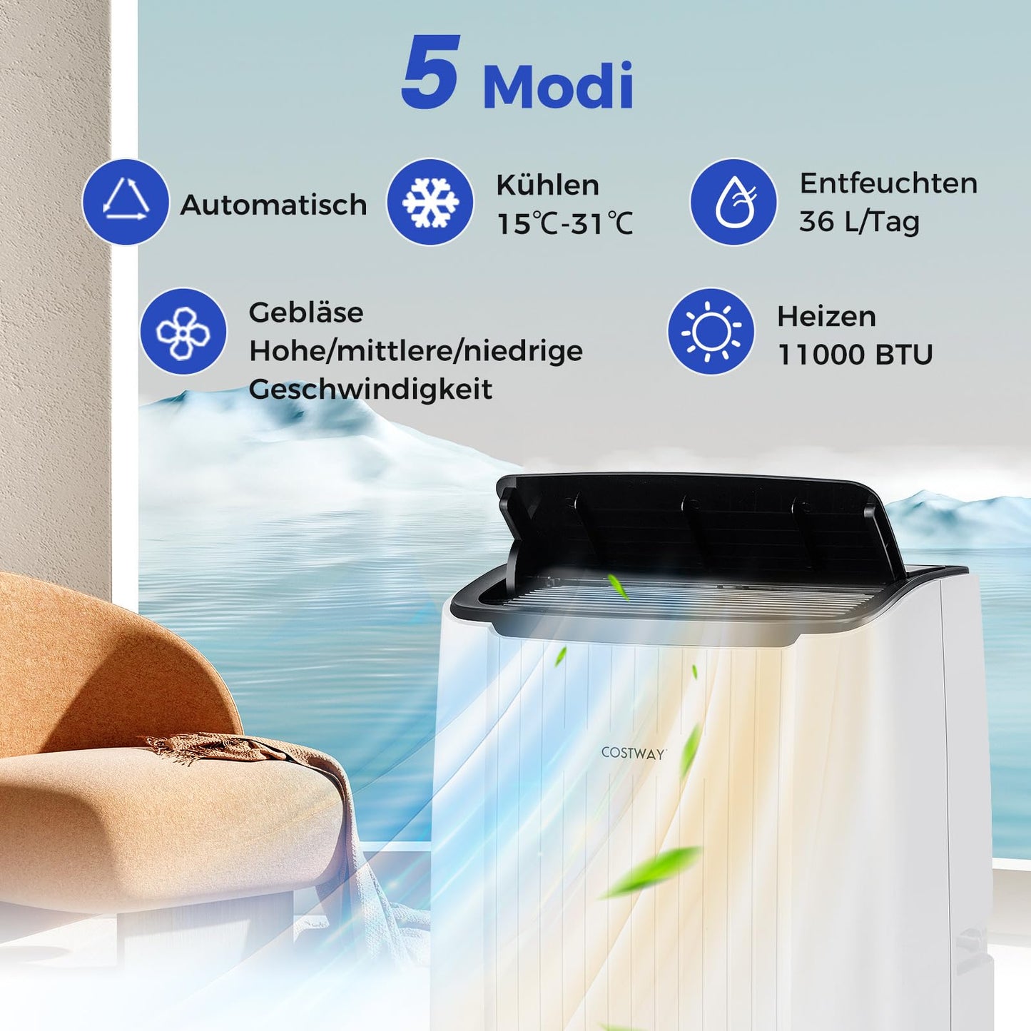 COSTWAY 14000 BTU mobile Klimaanlage mit Abluftschlauch, 4-in-1 Klimagerät mit Heizung, Lüfter & Entfeuchter, 24H Timer, Schlafmodus, Fernbedienung & Installationskit für Räume bis zu 65㎡ (Modell 2)