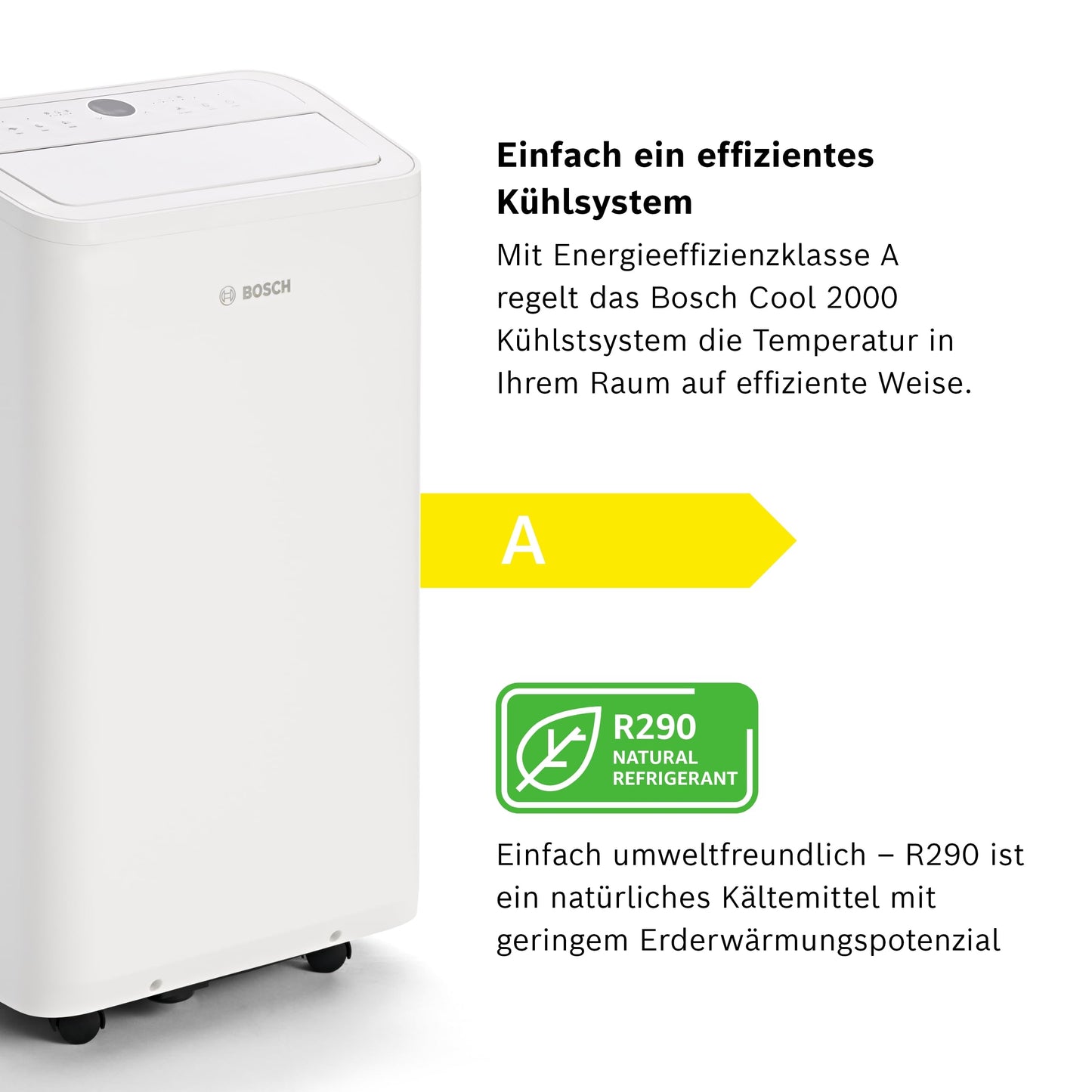 Bosch Cool 2000 Mobiles Klimagerät - 3-in-1 Klimaanlage, Luftentfeuchter, Ventilator - 2,6 kW für Räume bis zu 35m² - Mit Auto-Modus, Silent-Modus Sleep-Modus