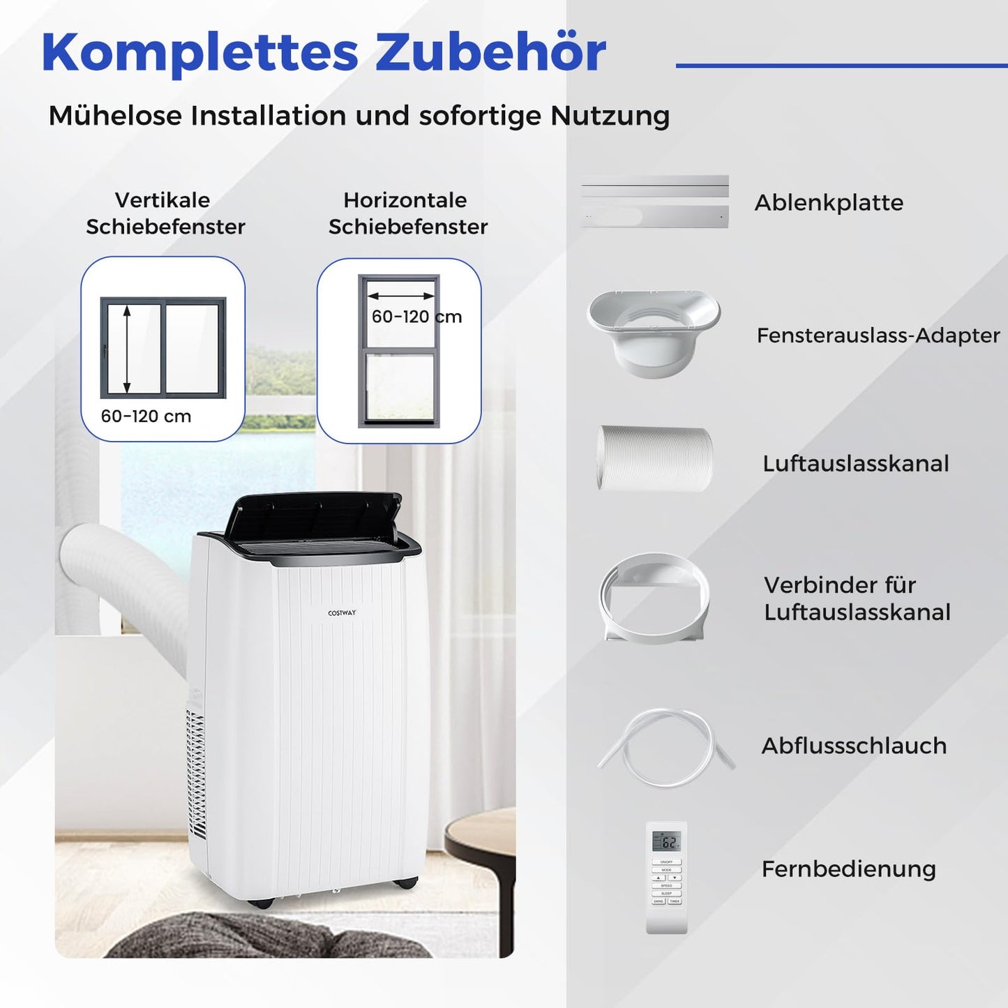 COSTWAY 14000 BTU mobile Klimaanlage mit Abluftschlauch, 4-in-1 Klimagerät mit Heizung, Lüfter & Entfeuchter, 24H Timer, Schlafmodus, Fernbedienung & Installationskit für Räume bis zu 65㎡ (Modell 2)