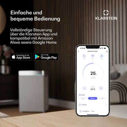Klarstein Grandbreeze mobile Klimaanlage, 14.000 BTU, für bis zu 65 m², 3-in-1: Kühlen, Entfeuchten & Ventilieren, Effizienzklasse A, App- & Sprachsteuerung, inkl. Abluftschlauch & Fensterkit, Schwarz