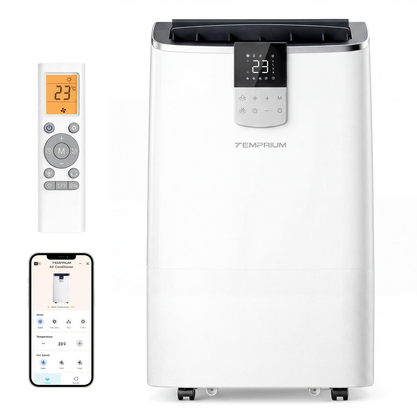 Temprium Mobile Klimaanlage 14000BTU mit Abluftschlauch | 4-in-1 Mobiles Klimagerät mit Fensterabdichtung | APP-Steuerung + Fernbedienung | Leiser Betrieb | 24h-Timer