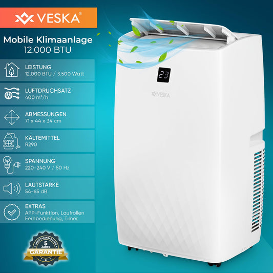 Klimaanlage Mobil 12000 BTU/h (3.500 Watt) - Mobiles Klimagerät 4in1 mit WiFi/App Monoblock Kältemittel - Fernbedienung, 24h-Timer, Luftentfeuchter, Nachtmodus (12000 BTU)