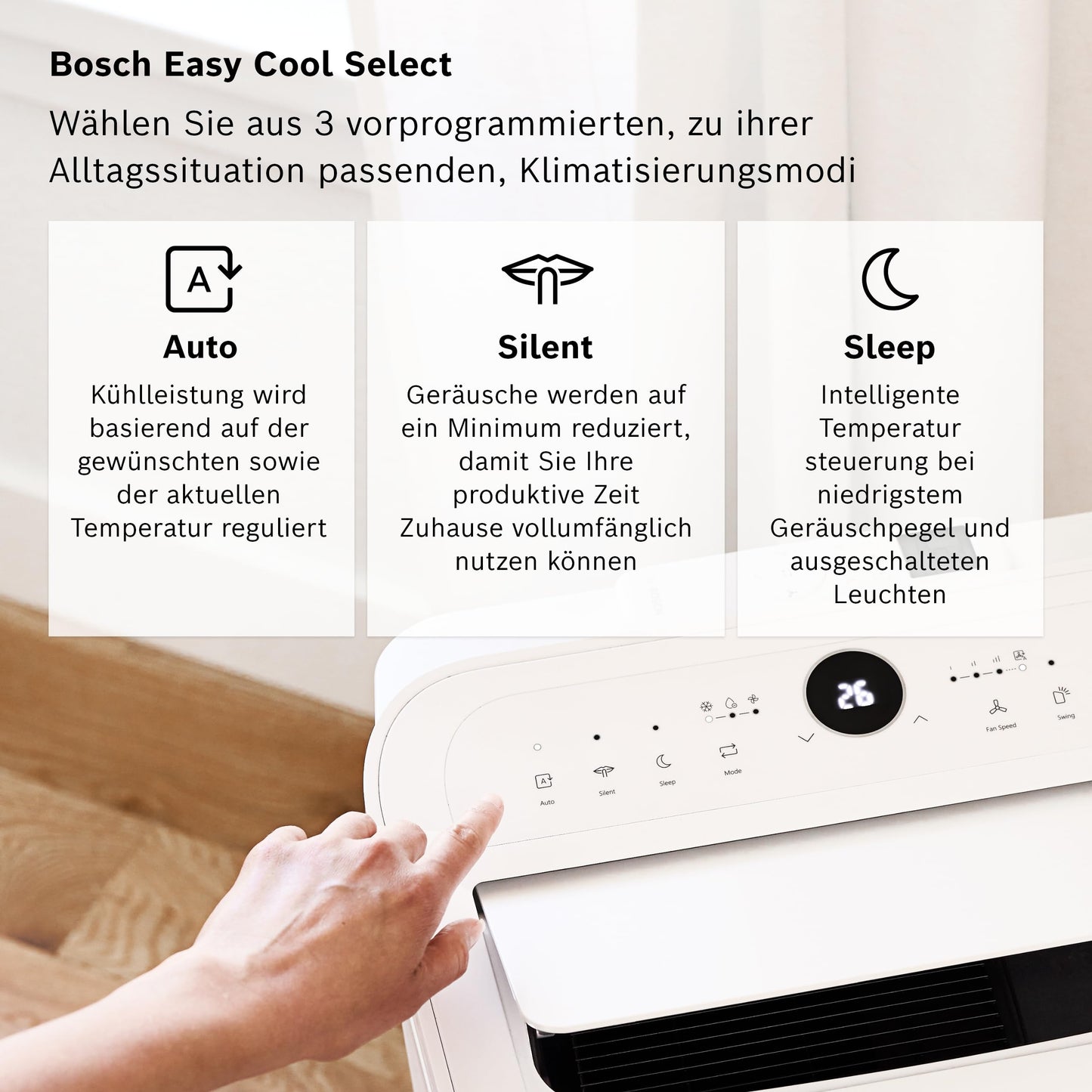 Bosch Cool 2000 Mobiles Klimagerät - 3-in-1 Klimaanlage, Luftentfeuchter, Ventilator - 2,6 kW für Räume bis zu 35m² - Mit Auto-Modus, Silent-Modus Sleep-Modus