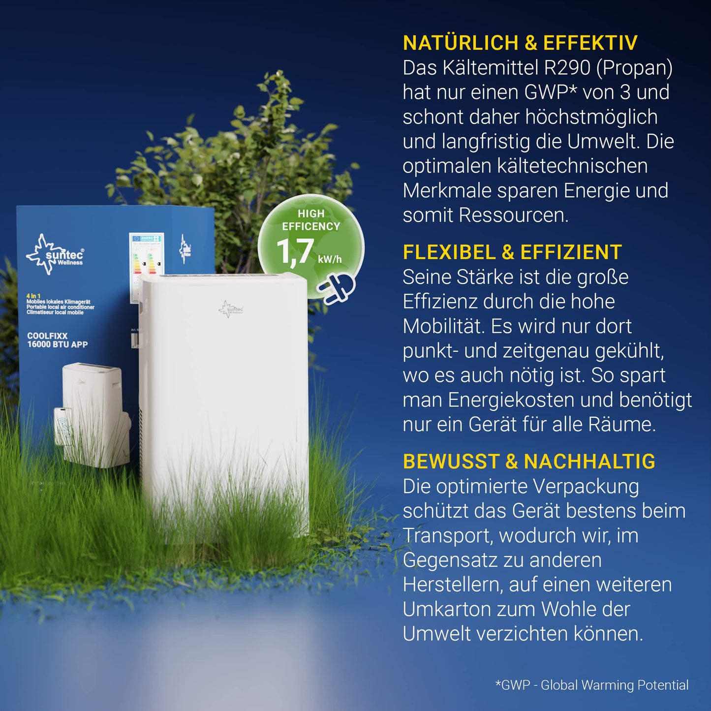 SUNTEC Mobiles Klimagerät Coolfixx 16000 BTU APP – Klimaanlage mobil und leise mit Smart App Steuerung – Entfeuchter für Räume bis 70 qm – Mobile Kühlung & Heizung für zuhause – 16.000 BTU