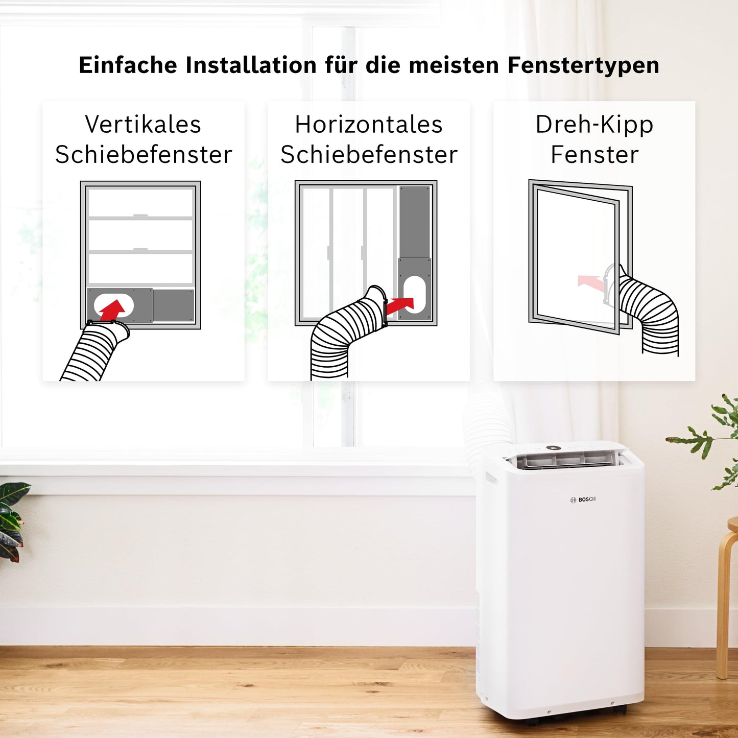 Bosch Cool 2000 Mobiles Klimagerät - 3-in-1 Klimaanlage, Luftentfeuchter, Ventilator - 2,6 kW für Räume bis zu 35m² - Mit Auto-Modus, Silent-Modus Sleep-Modus