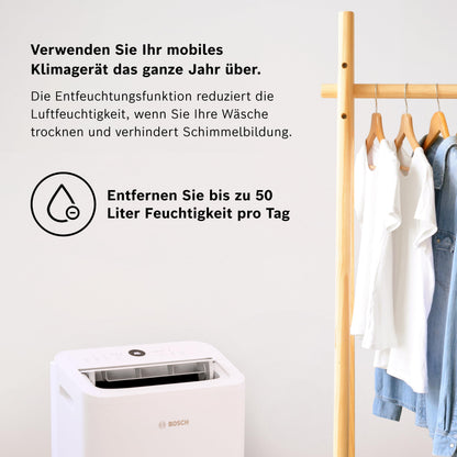 Bosch Cool 2000 Mobiles Klimagerät - 3-in-1 Klimaanlage, Luftentfeuchter, Ventilator - 2,6 kW für Räume bis zu 35m² - Mit Auto-Modus, Silent-Modus Sleep-Modus