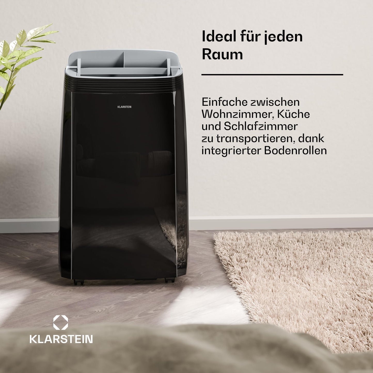 Klarstein Grandbreeze mobile Klimaanlage, 14.000 BTU, für bis zu 65 m², 3-in-1: Kühlen, Entfeuchten & Ventilieren, Effizienzklasse A, App- & Sprachsteuerung, inkl. Abluftschlauch & Fensterkit, Schwarz
