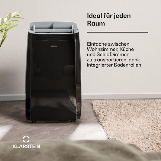 Klarstein Grandbreeze mobile Klimaanlage, 14.000 BTU, für bis zu 65 m², 3-in-1: Kühlen, Entfeuchten & Ventilieren, Effizienzklasse A, App- & Sprachsteuerung, inkl. Abluftschlauch & Fensterkit, Schwarz