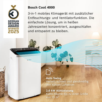 Bosch Cool 4000 Mobiles Klimagerät - 3-in-1 Klimaanlage, Luftentfeuchter, Ventilator - 2,6 kW für Räume bis zu 35m² - Mit Auto-Modus, Silent-Modus Sleep-Modus