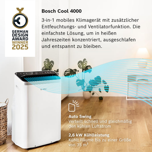 Bosch Cool 4000 Mobiles Klimagerät - 3-in-1 Klimaanlage, Luftentfeuchter, Ventilator - 2,6 kW für Räume bis zu 35m² - Mit Auto-Modus, Silent-Modus Sleep-Modus
